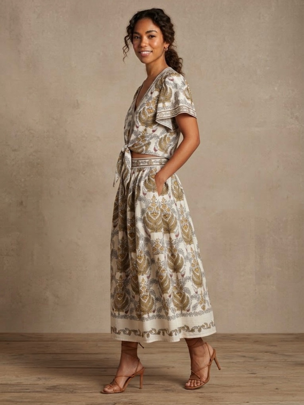 Max Studio Paisley-Print Tiered Midi Skirt & Flutter Sleeve Top Two Piece Set Xl